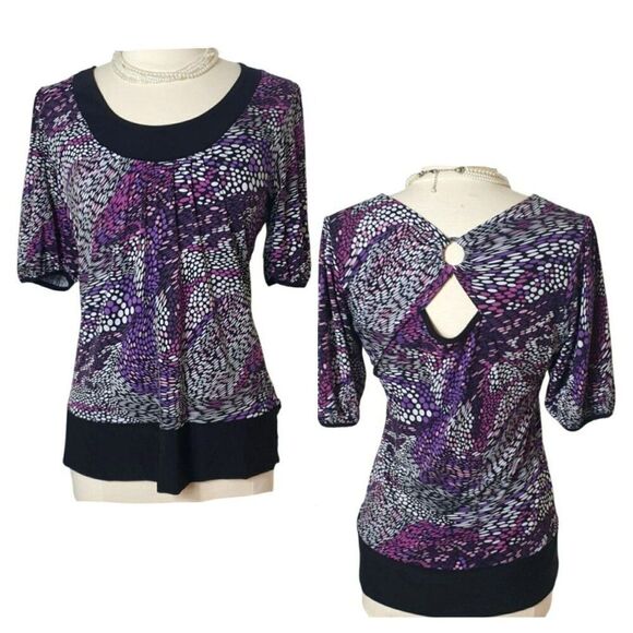New Directions Womens Y2K Top L Purple Abstract Stretch Chic Office Casual - Picture 1 of 7